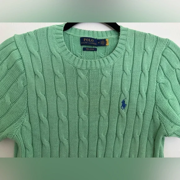 Ralph Lauren Polo Green Cable Knit Sweater Short Sleeve Pima Cotton Medium - Picture 2 of 8